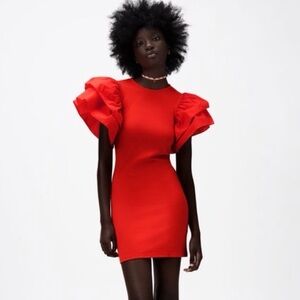 Zara Red Ruffle Puff Sleeve Mini Dress Bodycon Size M Girlhoodcore Romantic NEW